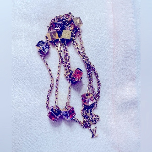Louis Vuitton Collier Gamble Crystal Cube Gold Tone Long Necklace Authentic - Picture 12 of 17